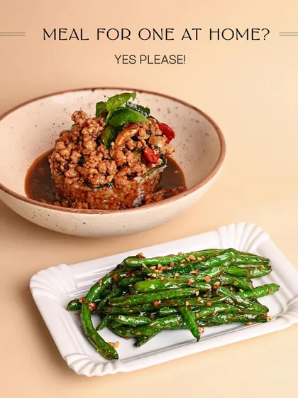 Just ordering for yourself today? I suggest the Chicken Krapow with a side of my wok-tossed green beans. Some serious Asian noms for a solo night in.