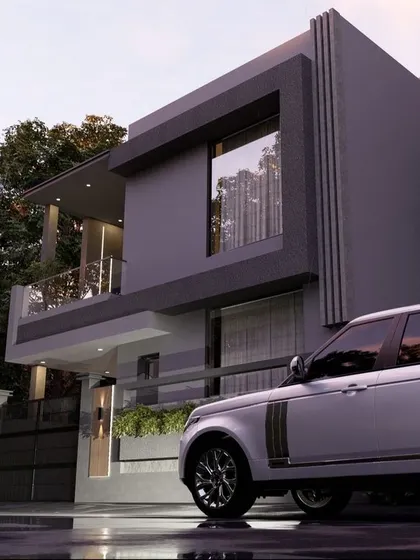 A proposed design showcasing a modern home with a luxury car. The render highlights the home's sleek lines, dark color scheme, and integration with a high-end lifestyle.