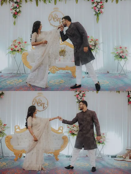A playful and chivalrous collage. The groom kisses the bride's hand and leads her in a dance, capturing the fun and romance of their engagement day.