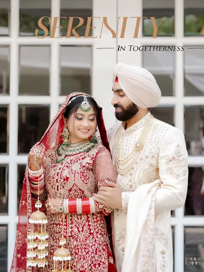 Serenity in togetherness. This image from a classic Punjabi wedding captures the regal elegance and quiet connection between the couple. The intricate details of the bridal lehenga and the groom's sherwani are a testament to the grandeur of the day.