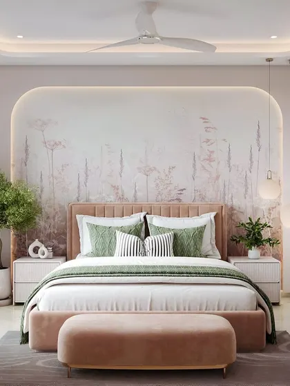 A 3D render of the coral-themed daughter's bedroom, featuring a subtle textured wallpaper behind the bed and a walk-in dressing area for a luxurious and functional setup.
