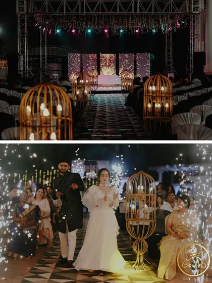 The couple's grand entrance down an aisle lined with cold pyro for their Sangeet.