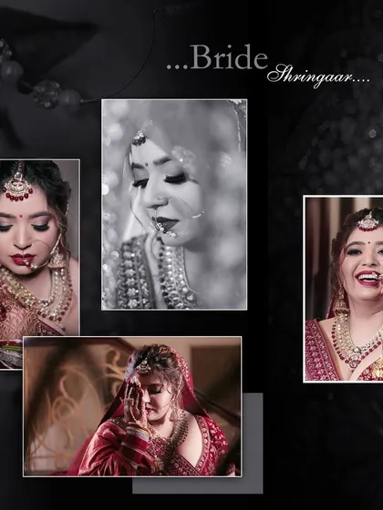 A creative collage titled "Bride Shringaar", showcasing multiple beautiful portraits of the bride on her wedding day.
