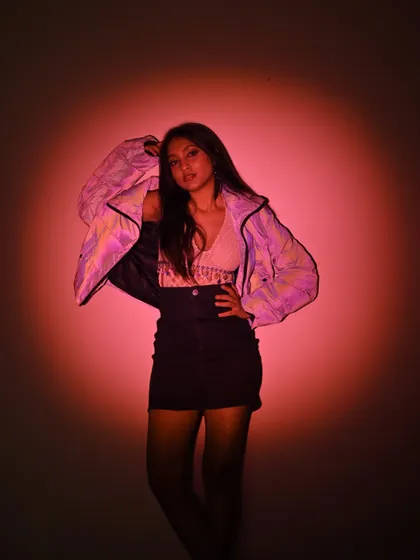 Another look from the pink spotlight series. The off-the-shoulder jacket adds to the cool, effortless style.