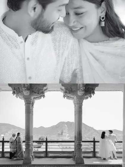 A collage capturing the serene love between Riddhi and Swapnil. The top frame is an intimate close-up, while the bottom shows them in the grand arches of a palace, telling a story of both closeness and scale.