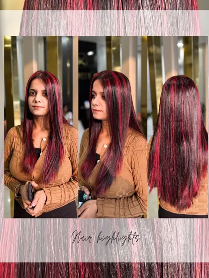 A collage showing a client with sleek, straight hair featuring bold red highlights. This is a great look for someone who wants a pop of color.