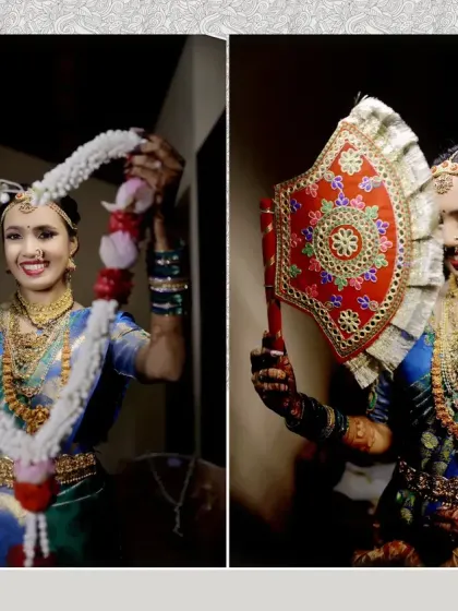 A creative diptych of the bride posing with her garland and a traditional fan, showcasing key elements of her wedding.
