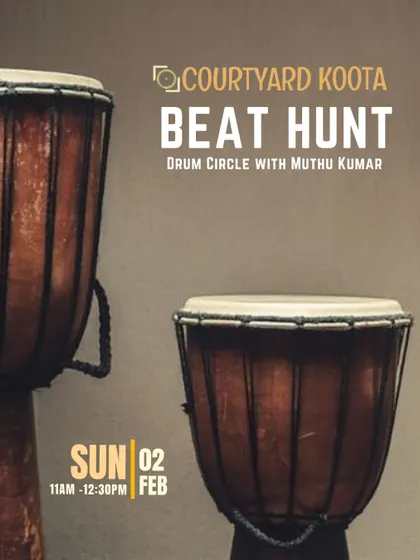 The poster for our "Beat Hunt" drum circle with acclaimed percussionist Muthu Kumar. These events are about collective creation, where anyone can join in, regardless of their musical experience.
