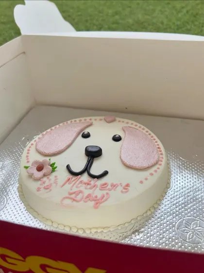 Our Mother's Day cake, unboxed and ready to surprise a special dog mom. The cute puppy face design is sure to bring a smile.
