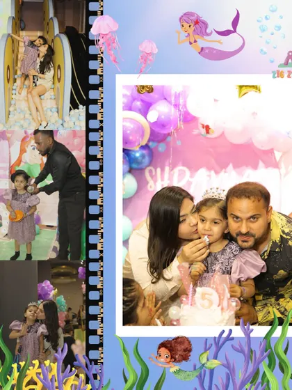 A filmstrip of memories from the enchanting mermaid party, capturing the cake cutting moment and the pure joy of the celebration.