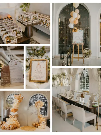 A collage of the beautiful, rustic-themed decor from a baby shower. It showcases the thoughtful details, from the party favors to the balloon arrangements.