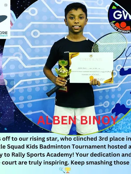 Hats off to our rising star, Alben Binoy, who clinched 3rd place in the Shuttle Squad Kids Badminton Tournament. His dedication is inspiring.