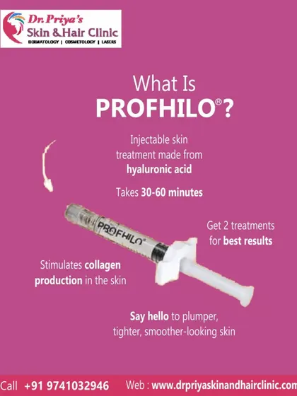 This graphic explains the Profhilo treatment, which uses hyaluronic acid to deeply hydrate the skin and boost collagen. Just two sessions can significantly improve skin texture and restore a youthful glow.