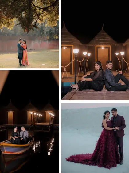 A collection of romantic moments from different sets, including a rustic village pond, a dramatic night scene with a flowing gown, and a sweet moment in a park.