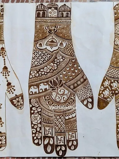 A collection of different Indian mehndi designs on paper. This sheet includes a jhumka design, a heavy floral pattern, and a swan and peacock design.