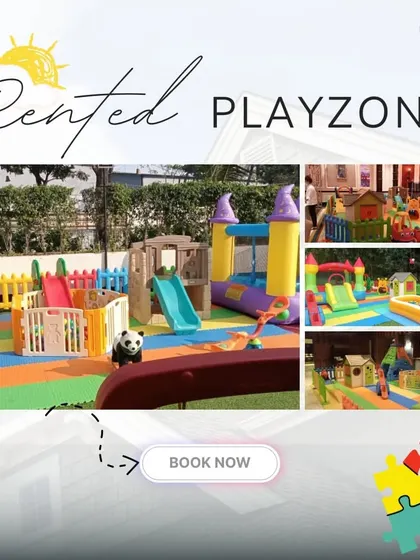 A collage showcasing various rented playzone options. The top image features a large outdoor setup with a panda-themed climber and a bouncy castle, perfect for a fun-filled day in the sun.