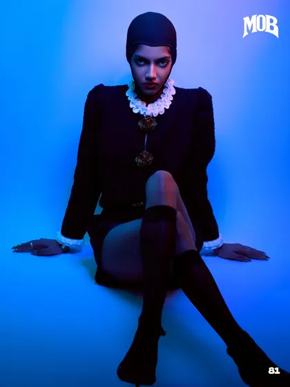 A direct, confrontational pose from the MOB Journal "Neo-Baroque Noir" story.