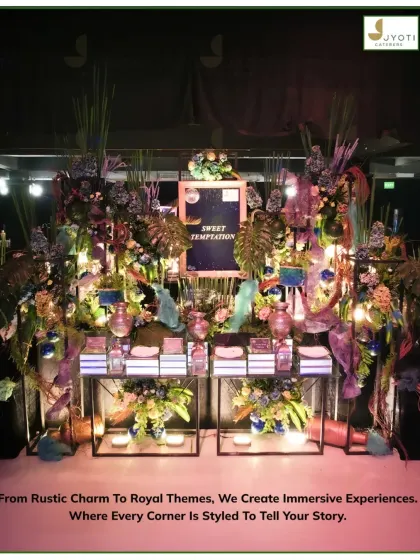 A 'Sweet Temptation' dessert station designed with a mystical forest theme, using deep colors, exotic florals, and whimsical elements to create an immersive experience.