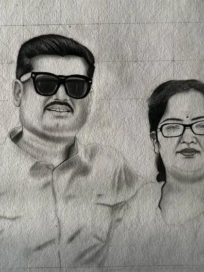 A work-in-progress shot of a realistic pencil portrait of a couple. This shows the underlying grid and initial layers of shading.