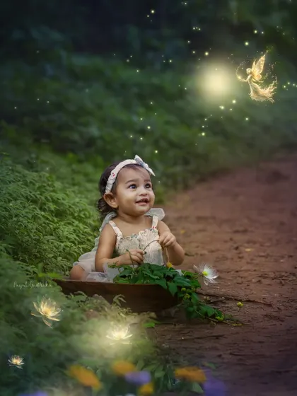 A touch of magic. This little girl sits in a wooden bowl on a forest path, looking up in wonder at a glowing fairy I added in post-production to create a truly enchanting image.