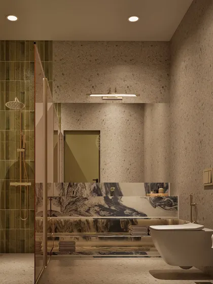 We believe office washrooms should be just as well-designed as the rest of the space. This render shows a luxurious design with green tiled shower walls, a statement marble vanity, and warm, diffused lighting for a fresh and clean feel.