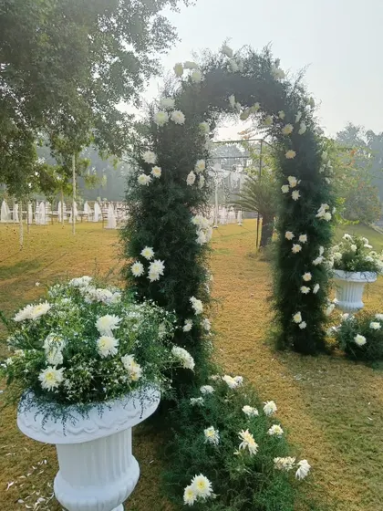 A beautiful floral arch made of lush greenery and white chrysanthemums. This created a stunning entrance and photo spot for an elegant outdoor day wedding.