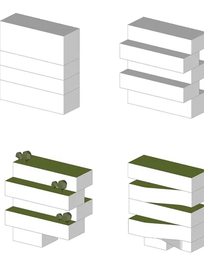 Diagrams showing the evolution of scheme 2, from a simple block to shifted layers with green roofs.