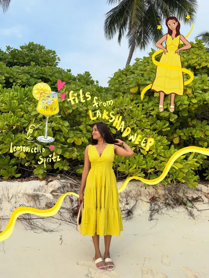 Here's a cute fit from Lakshadweep, complete with a cartoon version of me and a doodle of a Limoncello Spritz to match the vibe.