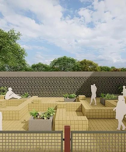 **School Design Proposal, Ahmedabad:** The central plaza is designed as a multi-functional, stepped space with integrated planters. It serves as the heart of the school, a place for gathering, events, and informal learning.