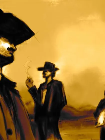 A sepia-toned version of the cartel scene. This treatment gives it a dusty, vintage feel, as if it were a still from an old Western or crime film.
