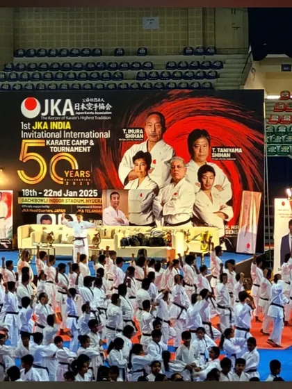A wide view of a training session at the 1st JKA India Invitational International Karate Camp. These events provide an unparalleled opportunity for students to train under the direct guidance of senior Shihans from Japan.