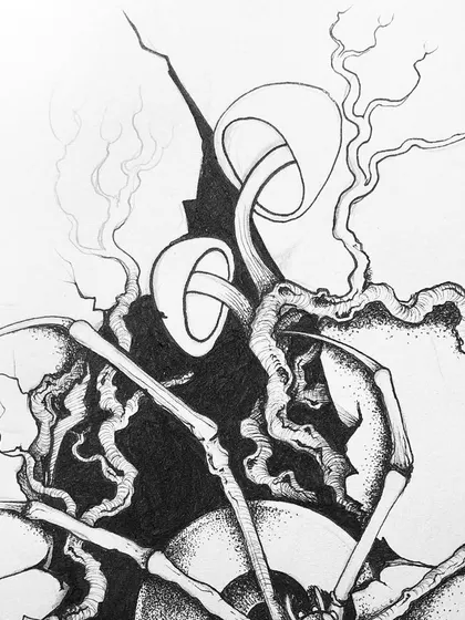 A detail shot of the top of the skeletal spider piece.