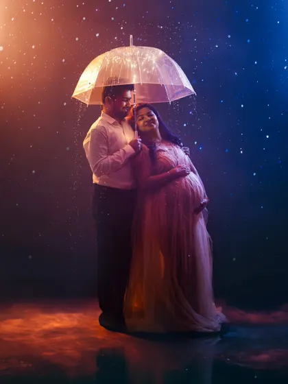 A colorful and dreamy take on the rain concept, with pink and blue lights creating a galaxy-like atmosphere.