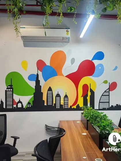 A second skyline mural for the Digirovers office, this time featuring global landmarks like the Burj Khalifa. This piece reflects the company's international reach and ambition.