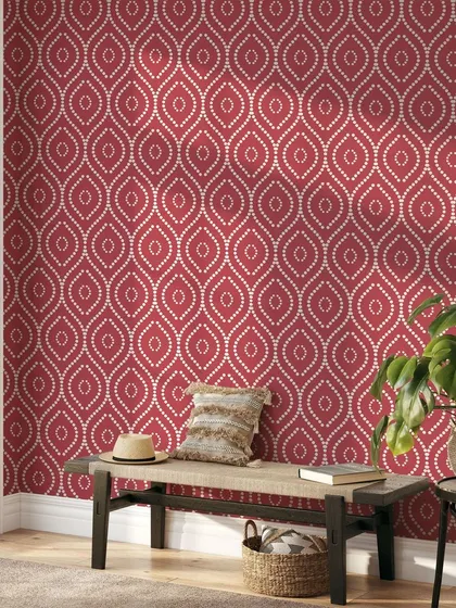 Our Dotted Formation wallpaper in a rich red adds a touch of modern elegance to this entryway. The pattern is sophisticated and stylish, creating a warm and inviting welcome.