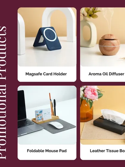 More additions to our range of promotional products. Here you can see a Magsafe card holder, an aroma oil diffuser, a foldable mouse pad, and a leather tissue box.