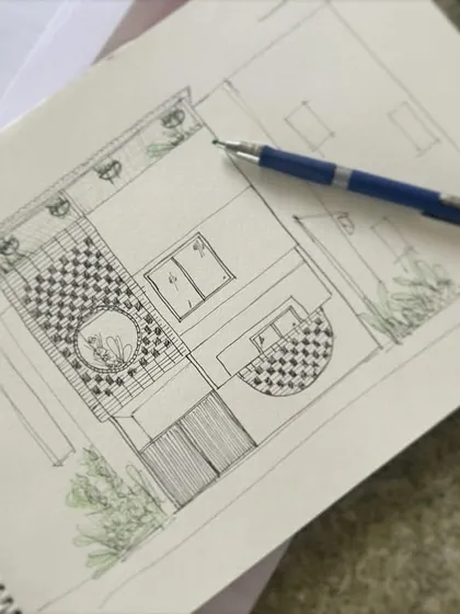 An early concept sketch for a residential project, showing the initial ideas for the flooring, layout, and landscaping.