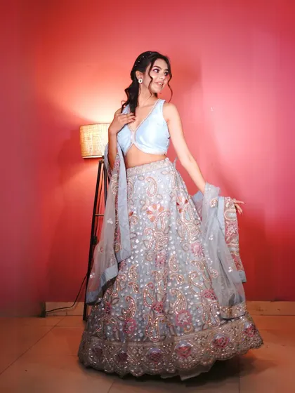 A final full-length view of the enchanting blue floral lehenga.