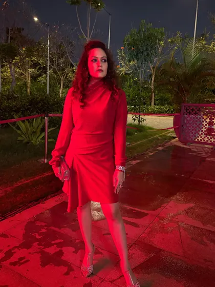 A final look at my showstopper outfit for Mango. The bold red color and elegant silhouette perfectly capture a powerful and confident aesthetic.