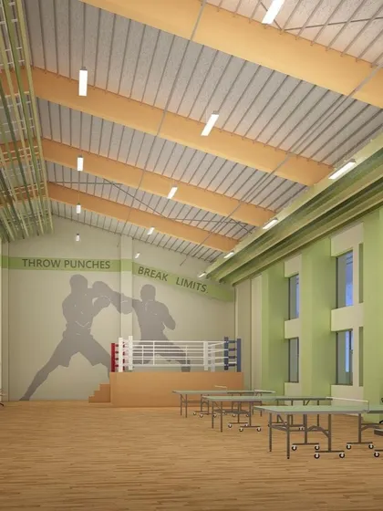 A concept render for a multi-purpose hall at Delhi World Public School, Kolkata. The design includes a boxing ring and table tennis areas, showcasing our approach to creating versatile spaces for both sports and recreation.