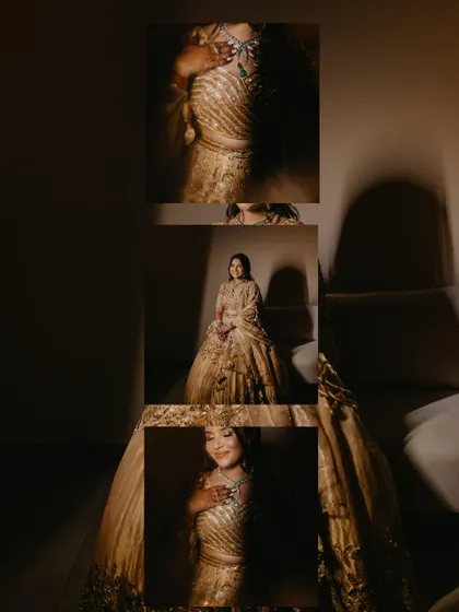 A collage of the bride's portraits from the Sangeet night. The play of light and shadow in these shots creates a dramatic and glamorous feel, highlighting her golden outfit.