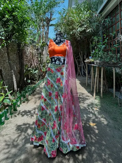 The full lehenga set, ready for a fun-filled mehendi ceremony.