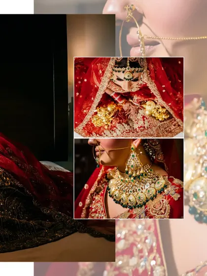 An artistic collage focusing on the details of the bride's attire, including her kalire and heavy jewelry. These shots highlight the traditional elements of her look.