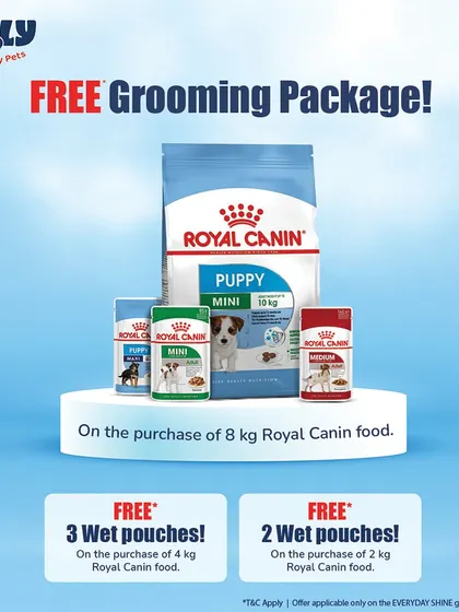 A special offer in partnership with Royal Canin. Get a free grooming package or free wet food pouches with the purchase of select Royal Canin dog food.