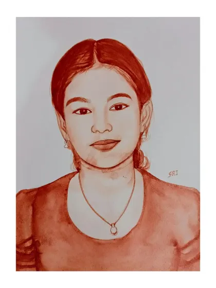 A simple and elegant solo portrait of a young woman, created with blood.