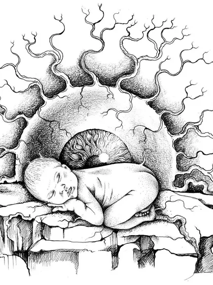 A symbolic piece titled "Natural State." It depicts a sleeping baby watched over by a giant, ancient eye, exploring themes of innocence, the unconscious, and the forces that shape us.