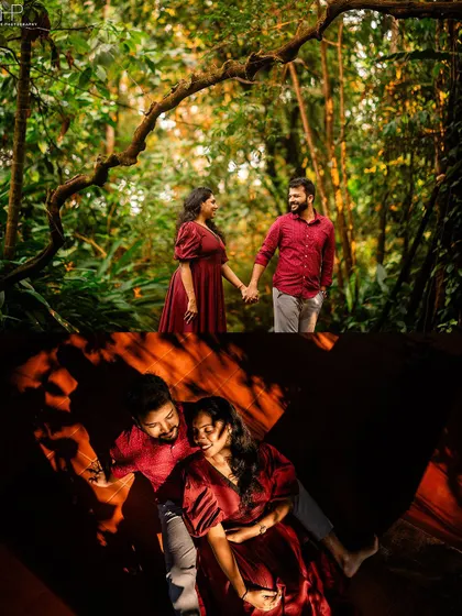 A diptych showing a couple in a dense forest. The top image is a sweet, hand-in-hand walk, while the bottom uses dramatic shadows for a more intimate and moody feel.