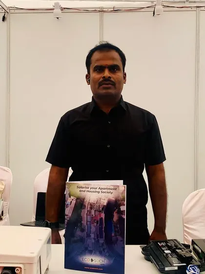 One of our team members ready to assist visitors at our BAF Apartment Habba booth. We bring our equipment, including inverters and monitoring devices, to give potential clients a hands-on look at the technology we use.