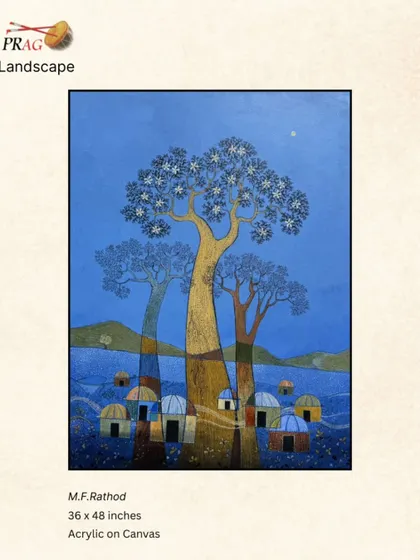 A mystical landscape by M.F. Rathod, featuring stylized trees and huts under a deep blue, moonlit sky.