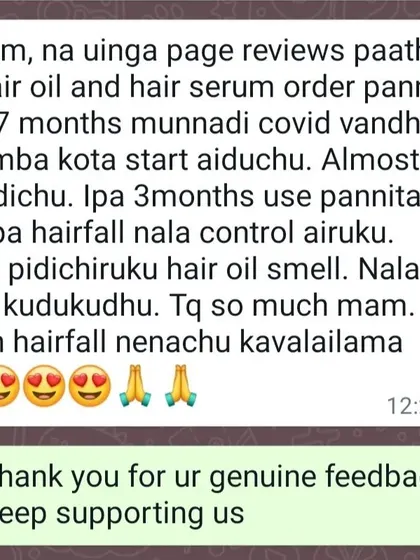 I receive many messages about post-COVID hair loss, and it means so much to know my products can help. This customer found that after three months of using my hair oil and serum, her hair fall was finally under control.